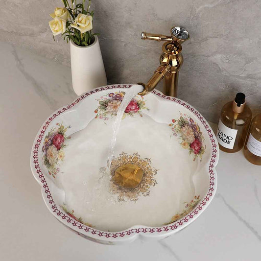 Ceramic Vessel Sink with Peony Flower Design Upper View