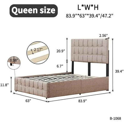 Queen Size Upholstered Bed Frame with Storage – Square Stitched Button Tufted Headboard, Adjustable Mattress Height