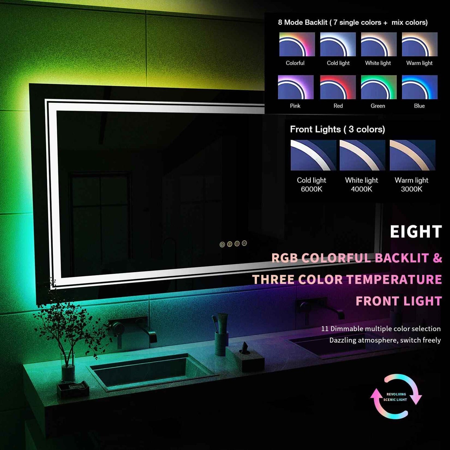 Lux-Illuminate RGB LED Bathroom Mirror | Anti-Fog, Dimmable, CRI 90 Vanity Wall Mirror