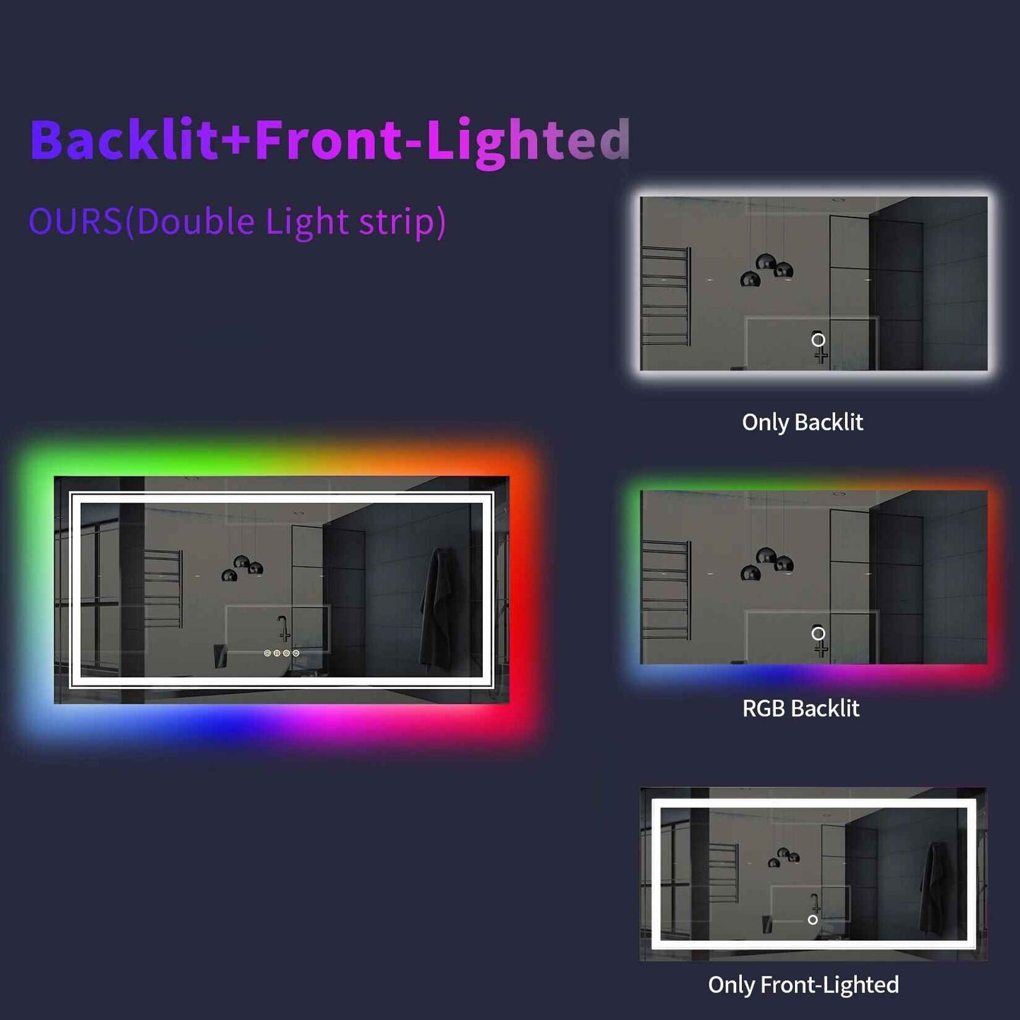 Lux-Illuminate RGB LED Bathroom Mirror | Anti-Fog, Dimmable, CRI 90 Vanity Wall Mirror