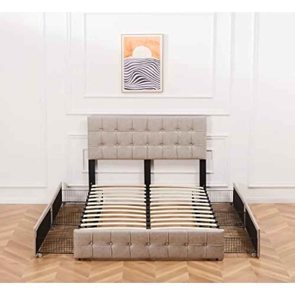 Queen Size Upholstered Bed Frame with Storage – Square Stitched Button Tufted Headboard, Adjustable Mattress Height