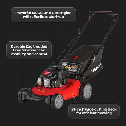 Gas Powered Lawn Mower, 21-Inch 3-in-1 Mulching Push Mower with Bag, 140cc