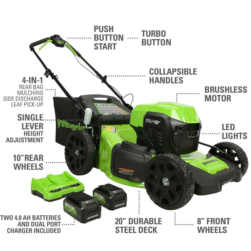 Efficient & Eco-Friendly Cordless Lawn Mower with LED Headlights, Dual Batteries & Rapid Charger