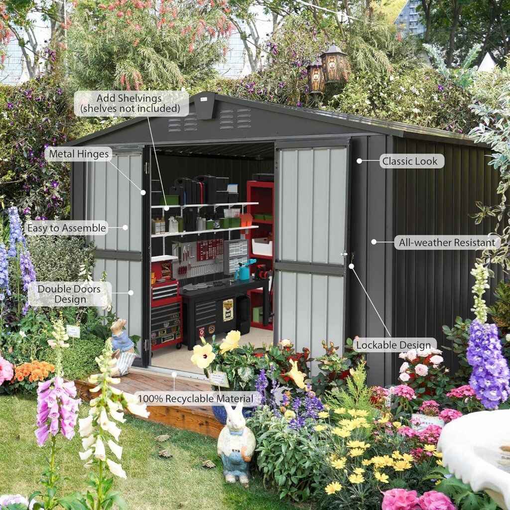 Spacious 10ftx8ft Galvanized Steel Garden Shed with Lockable Door