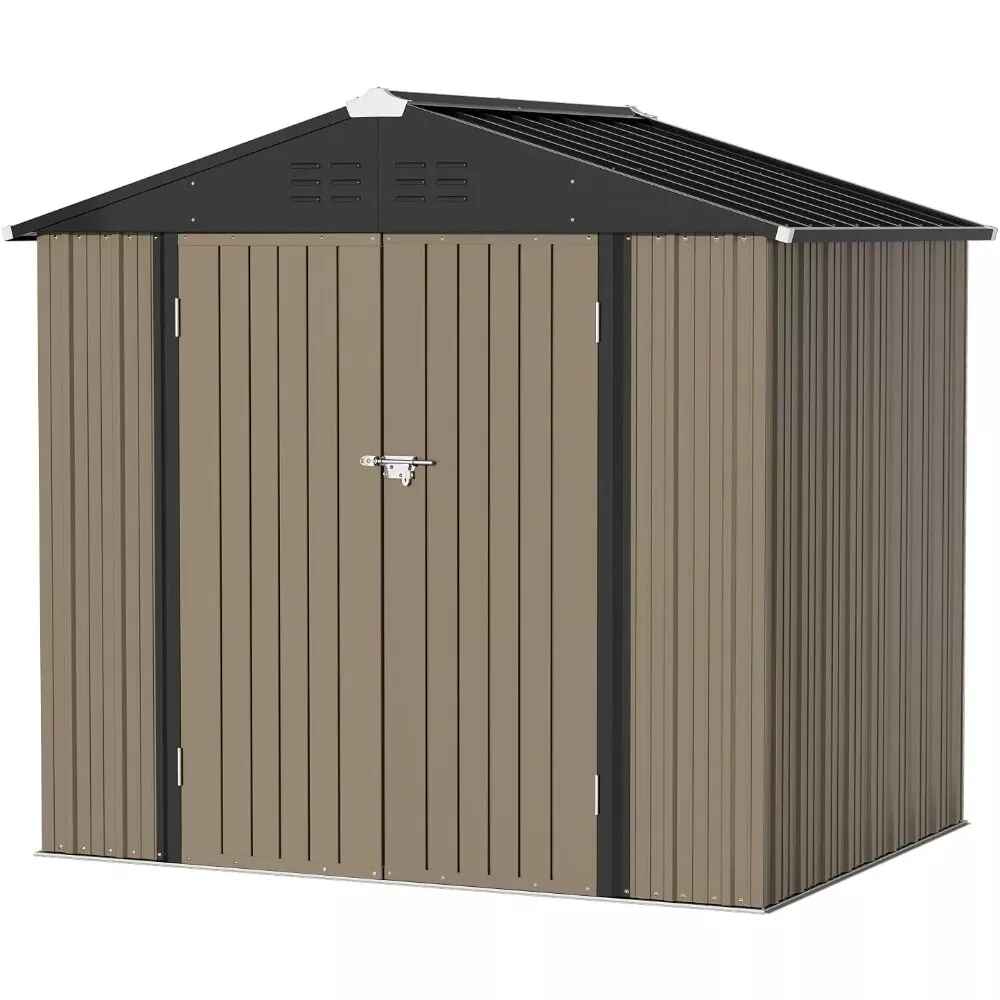 6FT x 4FT Outdoor Metal Storage Shed - Durable Steel Utility Tool House with Secure Lock, Brown