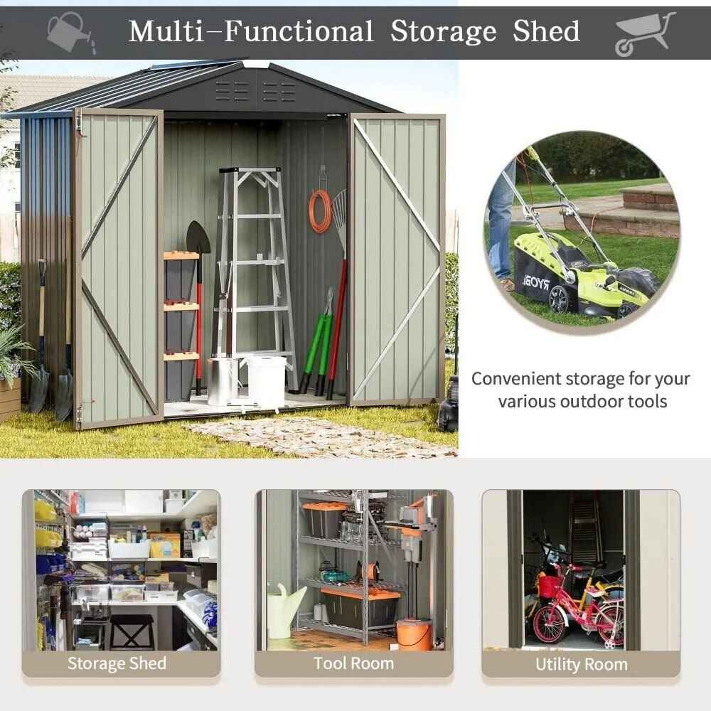 6FT x 4FT Outdoor Metal Storage Shed - Durable Steel Utility Tool House with Secure Lock, Brown