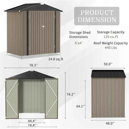 6FT x 4FT Outdoor Metal Storage Shed - Durable Steel Utility Tool House with Secure Lock, Brown