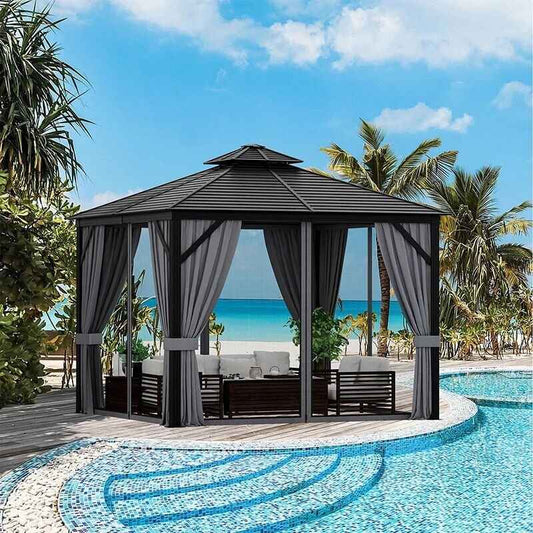 All-Season 10x10 Ft Hardtop Double-Roof Gazebo with Steel Top – Perfect for Outdoor Leisure