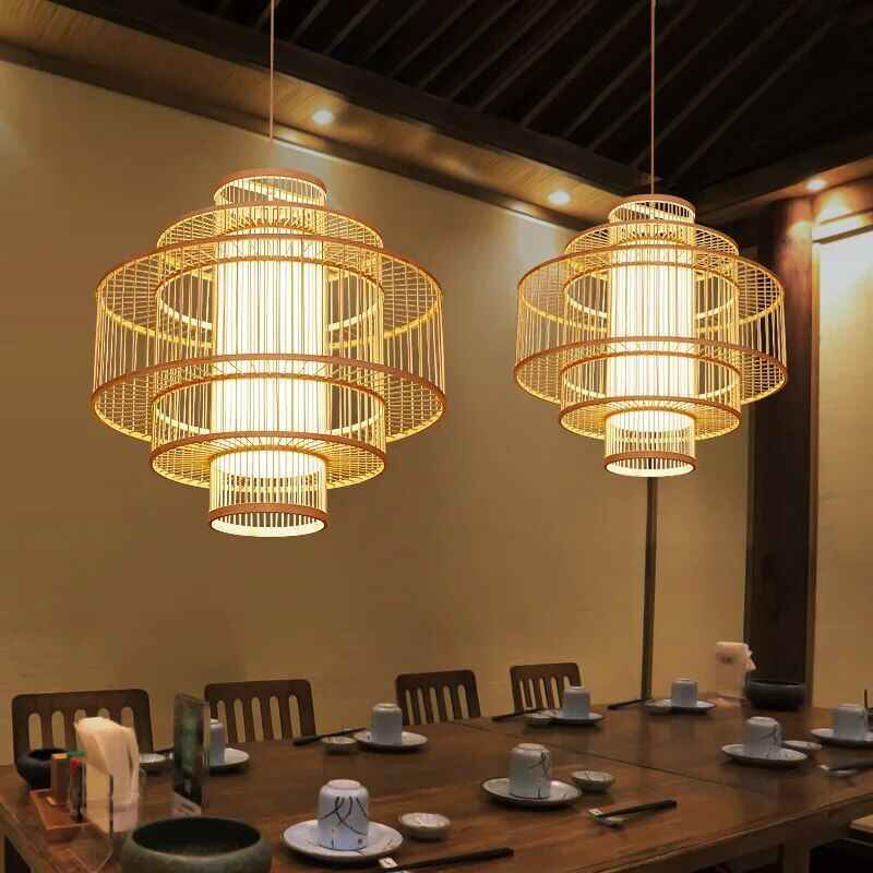 Southeast Asian-Inspired Bamboo and Rattan Pendant Chandelier