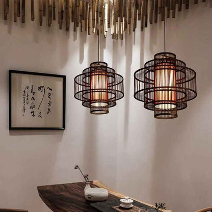 Southeast Asian-Inspired Bamboo and Rattan Pendant Chandelier