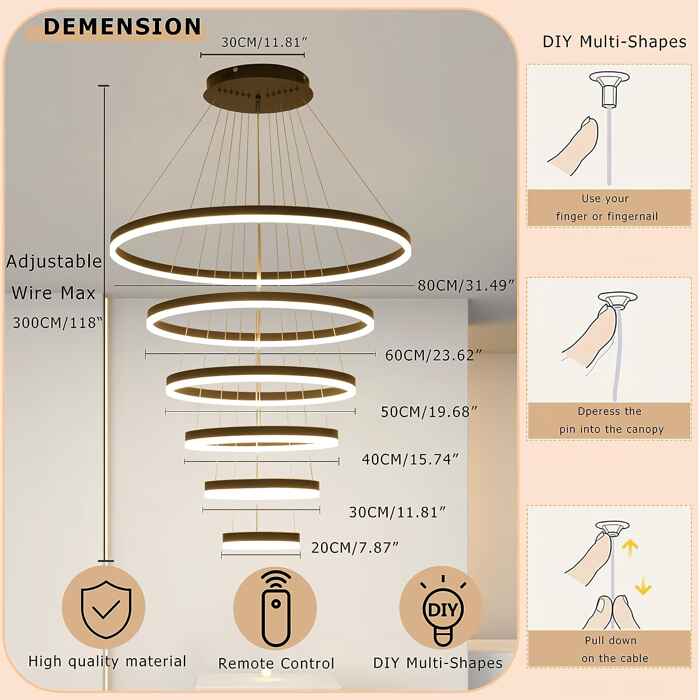 Dimmable Nordic LED Chandelier – Modern 6-Ring Pendant Light for Home & Commercial Spaces