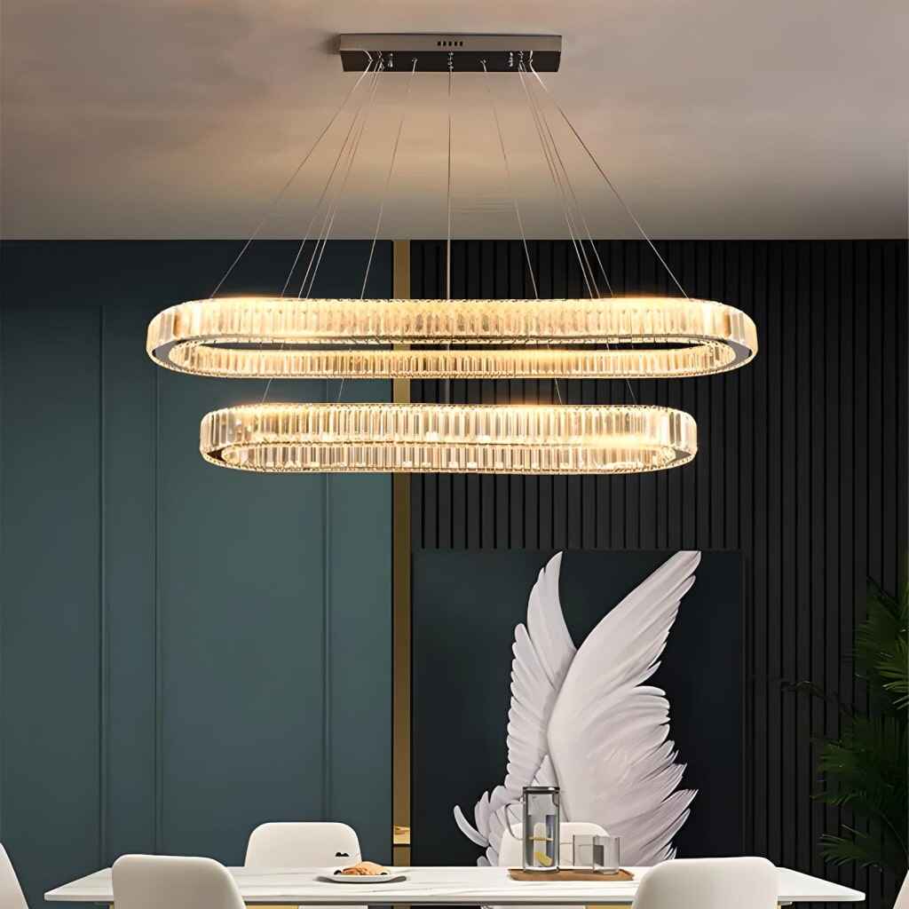 Contemporary LED Crystal Ceiling Pendant – Dimmable Oval Ring Chandelier for Home Decor