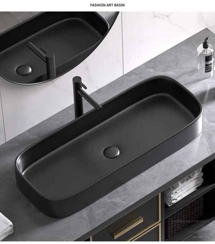 Matte Black High-Quality Ceramic Wash Basin – Elegant Rectangular Countertop Sink