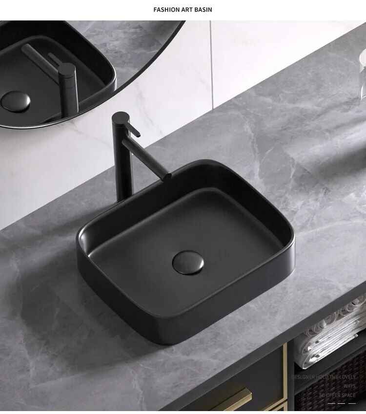 Matte Black High-Quality Ceramic Wash Basin – Elegant Rectangular Countertop Sink