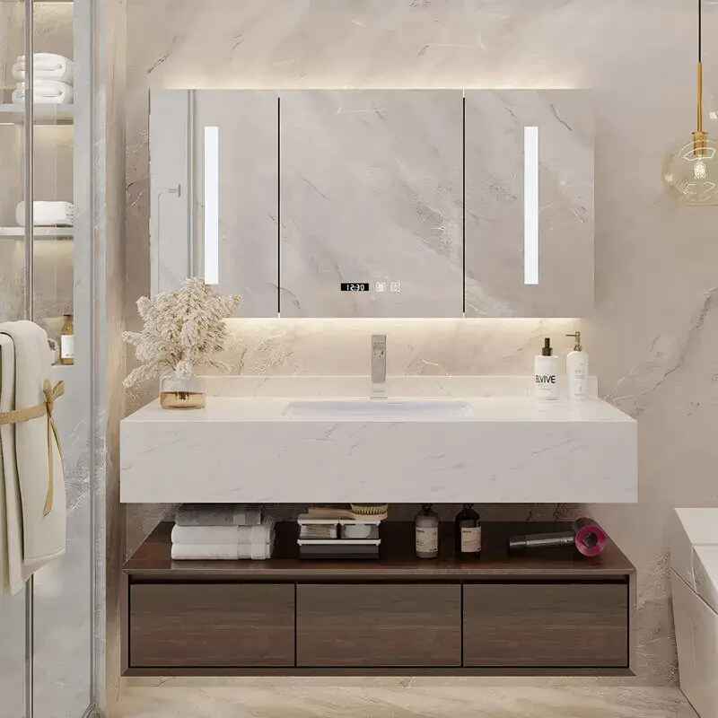 Modern Marble Surface Smart LED Bathroom Mirror Cabinet and Sink Set