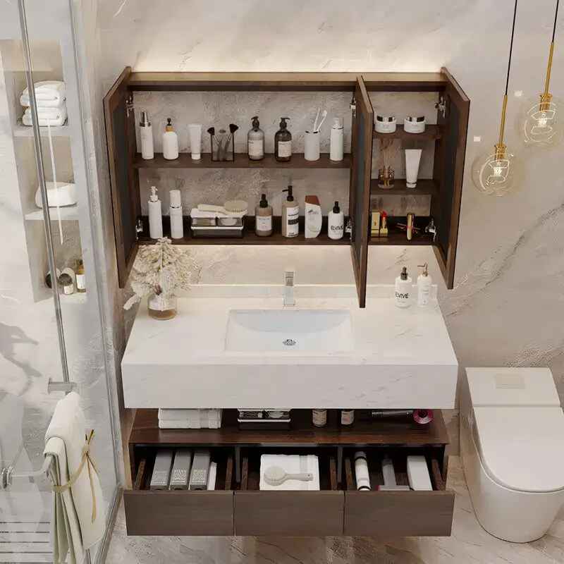 Modern Marble Surface Smart LED Bathroom Mirror Cabinet and Sink Set