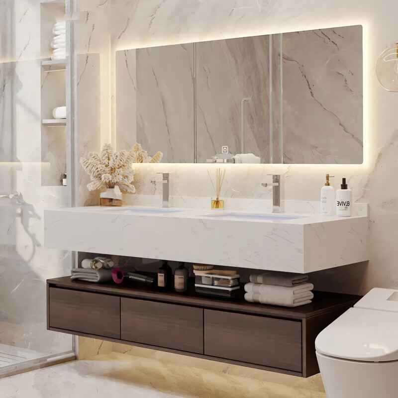 Modern Marble Surface Smart LED Bathroom Mirror Cabinet and Sink Set