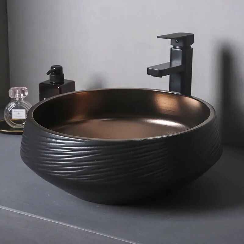 Chic Black Gold Oval Ceramic Basin – Luxury Bathroom Countertop Sink