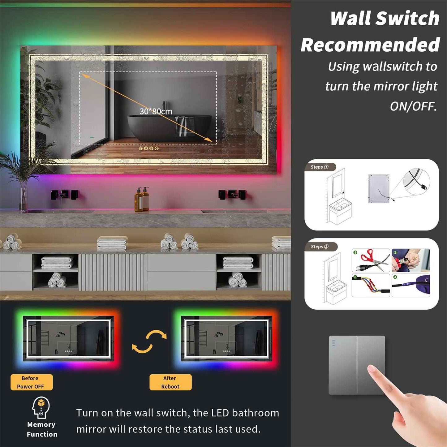 Elegant LED Vanity Mirror with RGB Backlight & Dimmable Anti-Fog Features for Modern Bathrooms