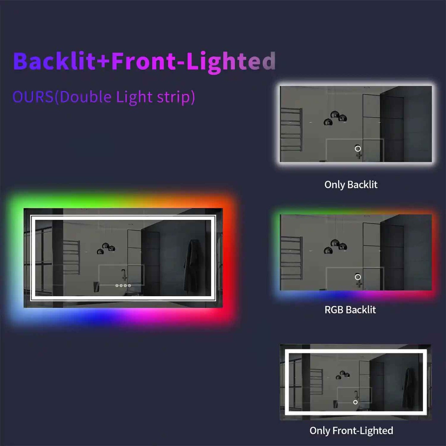 Elegant LED Vanity Mirror with RGB Backlight & Dimmable Anti-Fog Features for Modern Bathrooms