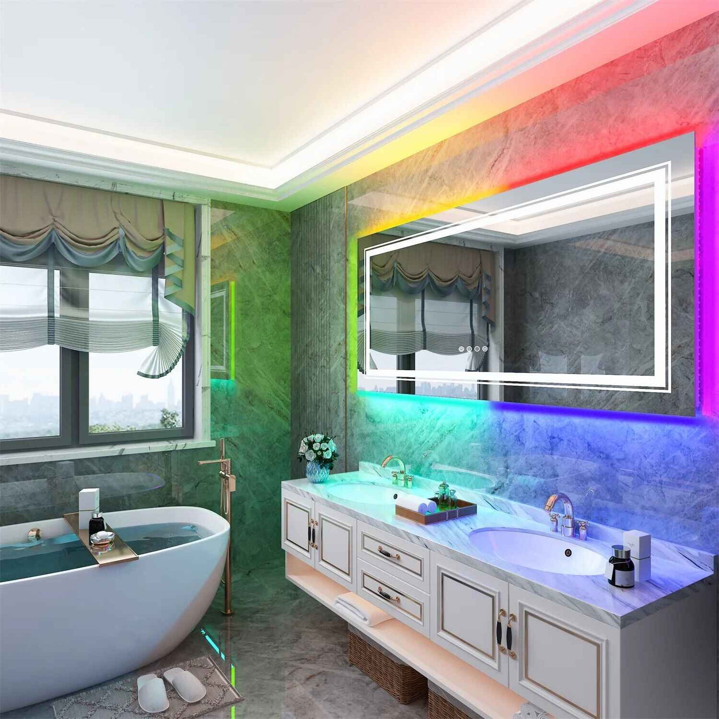 Elegant LED Vanity Mirror with RGB Backlight & Dimmable Anti-Fog Features for Modern Bathrooms