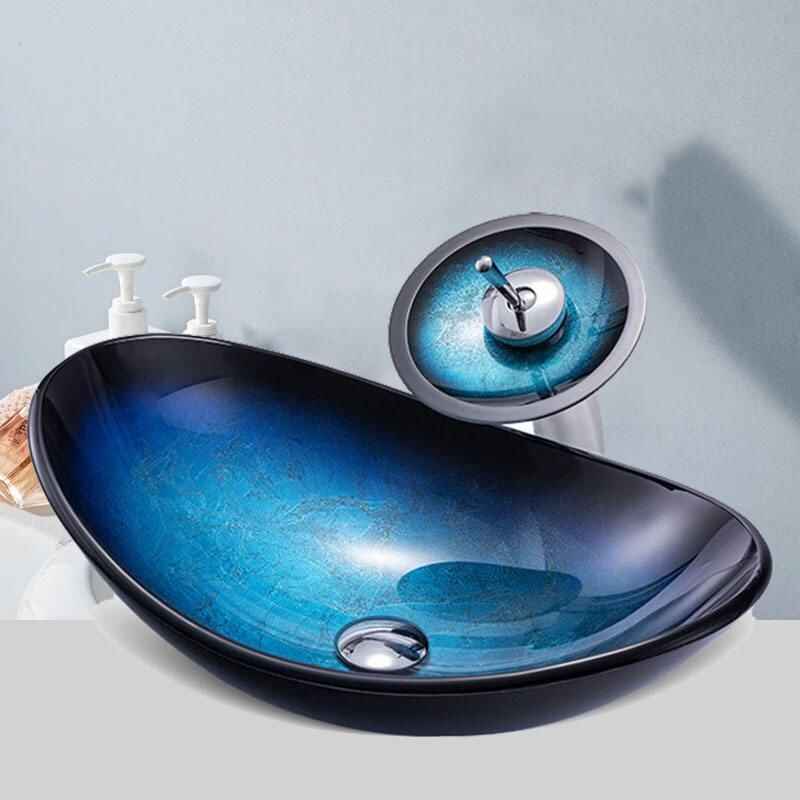 Tempered Glass Waterfall Faucet Oval Basin with Drain Pipe