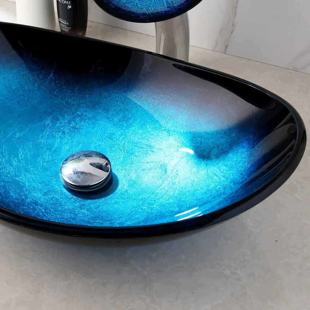 Tempered Glass Waterfall Faucet Oval Basin with Drain Pipe