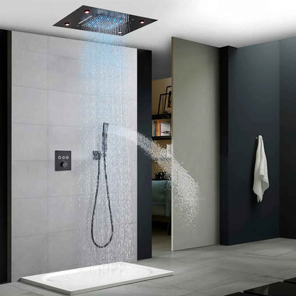 Luxury Gold Thermostatic LED Shower Set with Rainfall & Waterfall Ceiling Mount