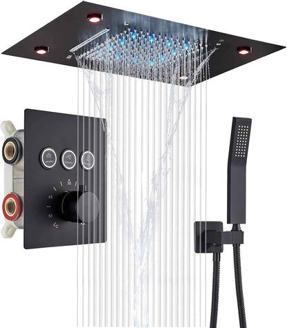 Luxury Gold Thermostatic LED Shower Set with Rainfall & Waterfall Ceiling Mount