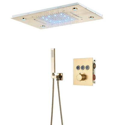 Luxury Gold Thermostatic LED Shower Set with Rainfall & Waterfall Ceiling Mount