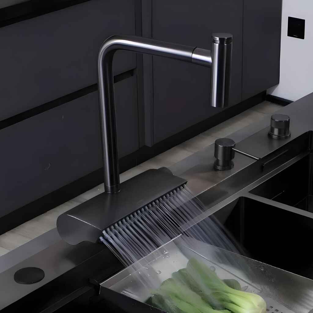 Contemporary Black Brass Waterfall Kitchen Faucet with Pull-Out Sprayer