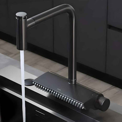 Contemporary Black Brass Waterfall Kitchen Faucet with Pull-Out Sprayer