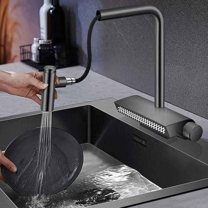 Contemporary Black Brass Waterfall Kitchen Faucet with Pull-Out Sprayer