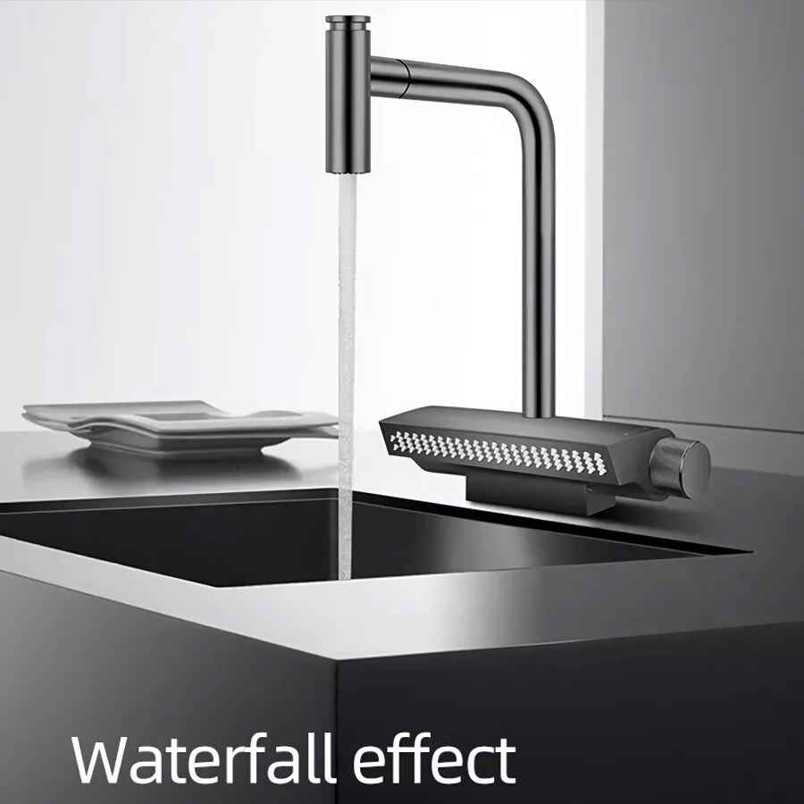 Contemporary Black Brass Waterfall Kitchen Faucet with Pull-Out Sprayer