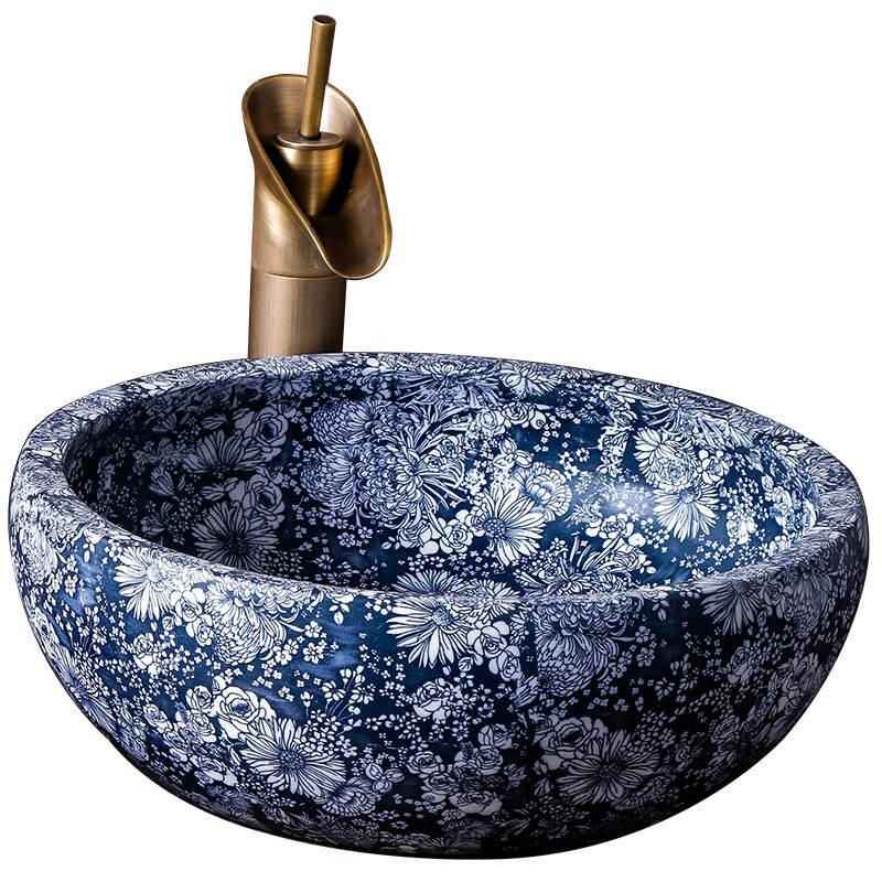 Artisan Blue & White Ceramic Basin – European Style Countertop Washbowl