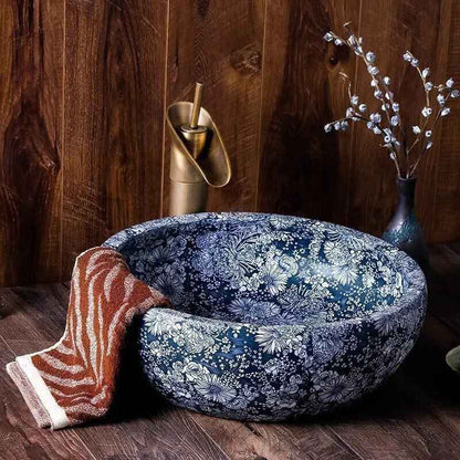 Artisan Blue & White Ceramic Basin – European Style Countertop Washbowl