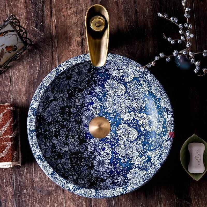 Artisan Blue & White Ceramic Basin – European Style Countertop Washbowl