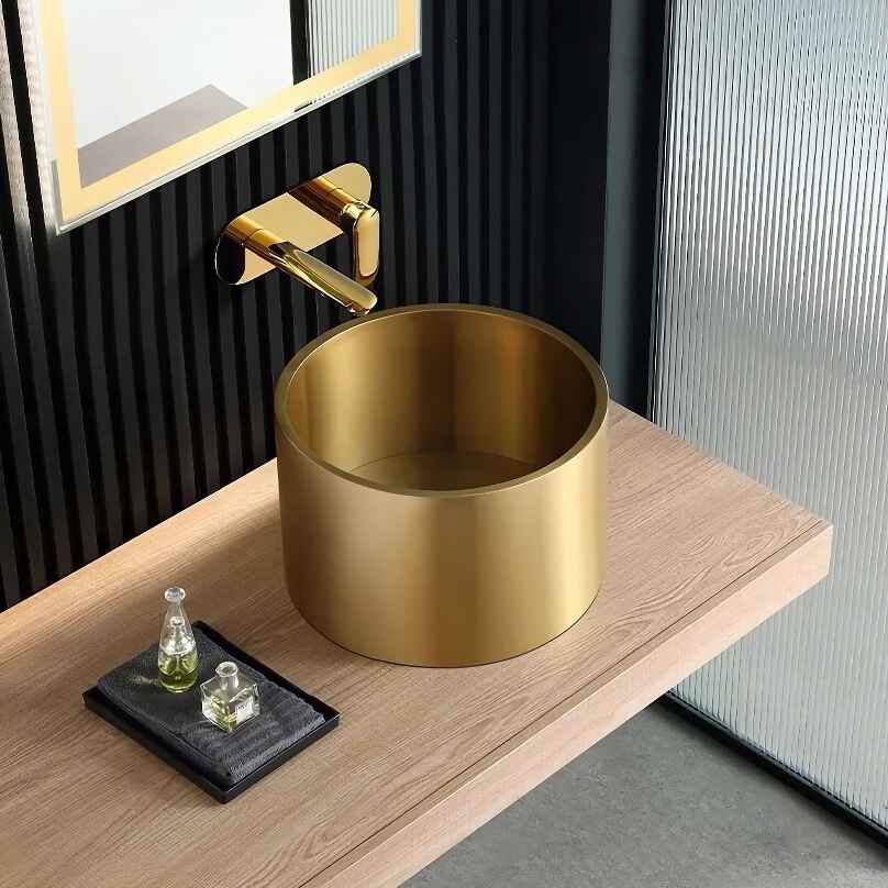 Gold Stainless Steel Round Countertop Basin with Drainer