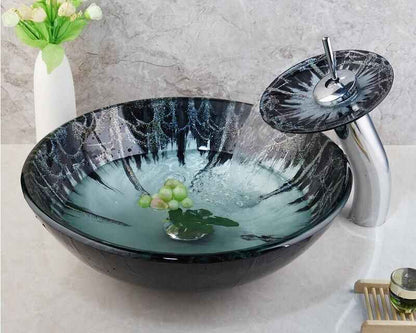 Round Tempered Glass Vessel Sink with Chrome Faucet and Pop-up Drain Combo