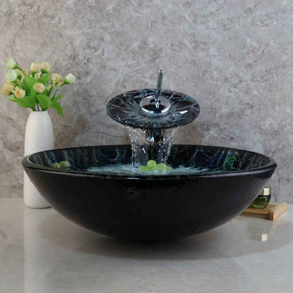 Round Tempered Glass Vessel Sink with Chrome Faucet and Pop-up Drain Combo