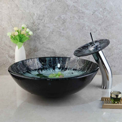 Round Tempered Glass Vessel Sink with Chrome Faucet and Pop-up Drain Combo