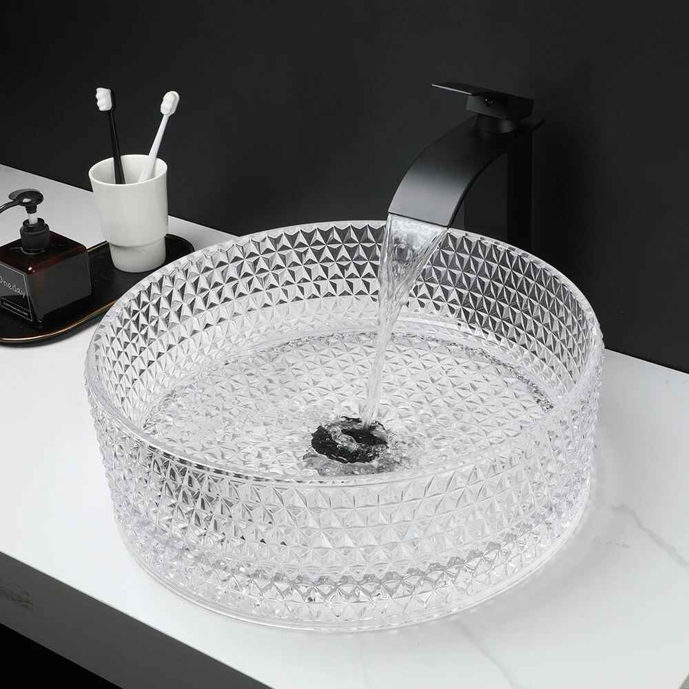 Crystal Glass Vessel Sink and Faucet Combo – Contemporary Black Bathroom Countertop Basin