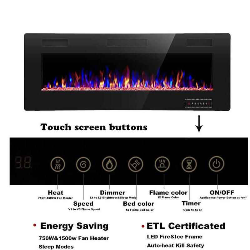 68″ Multi-Color Electric Fireplace with Remote and Touch Control – Wall Mount & Recessed Heater