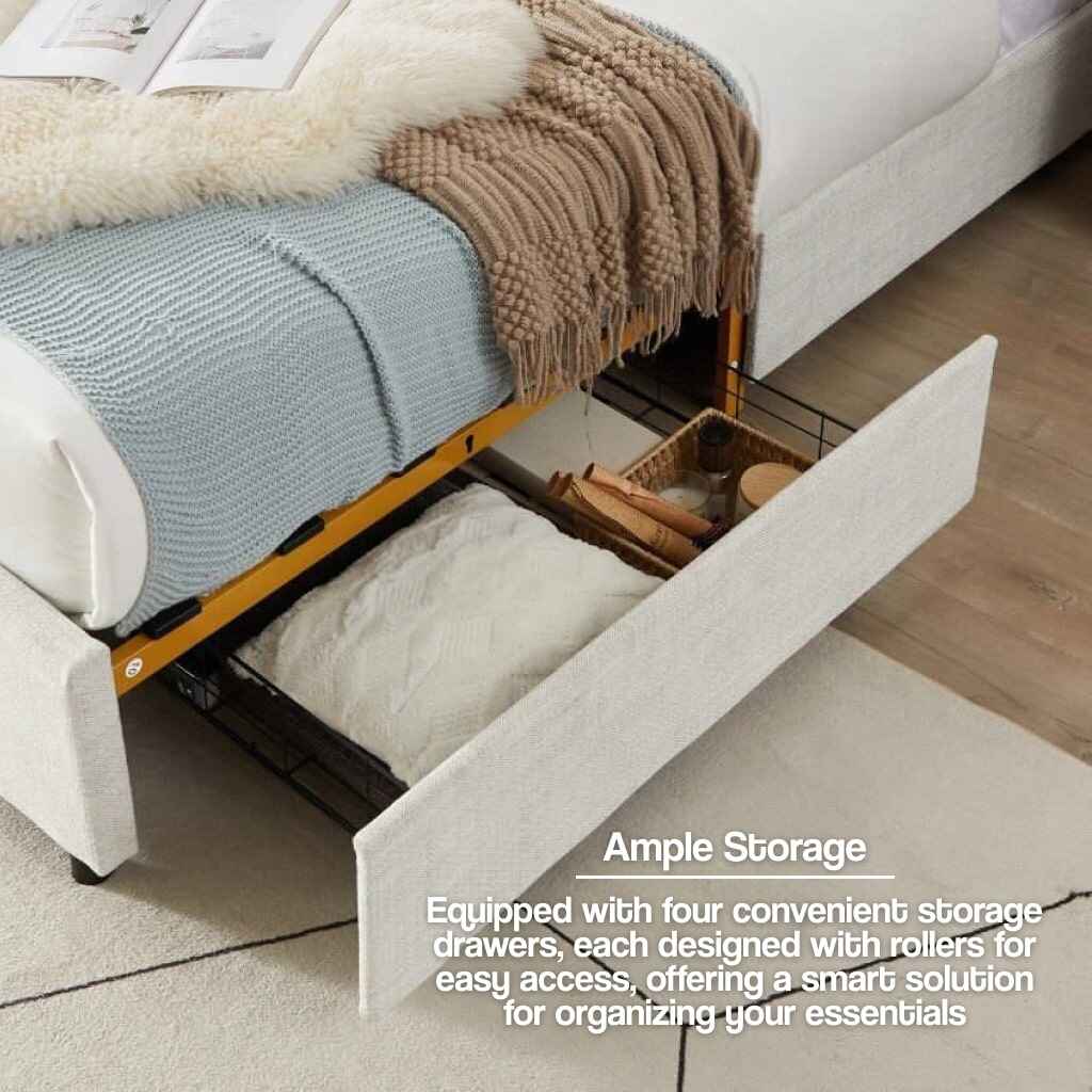 Queen Size Bed with Steamed Bread Backrest and Storage Drawers