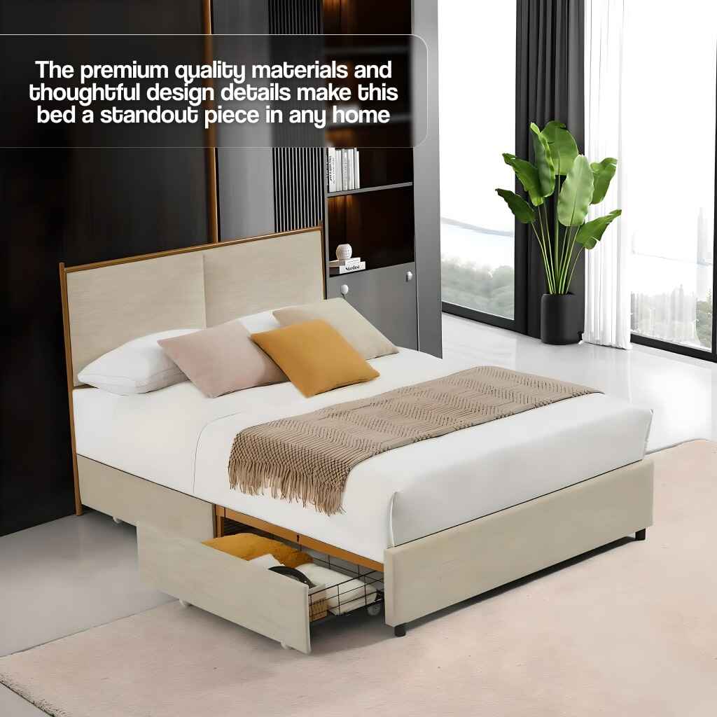 Queen Size Bed with Steamed Bread Backrest and Storage Drawers