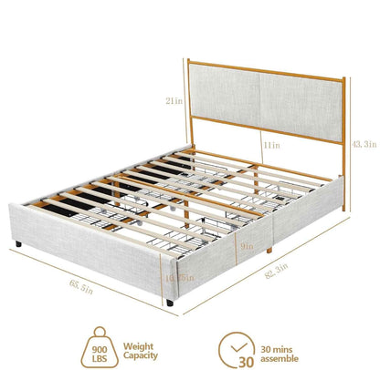 Queen Size Bed with Steamed Bread Backrest and Storage Drawers