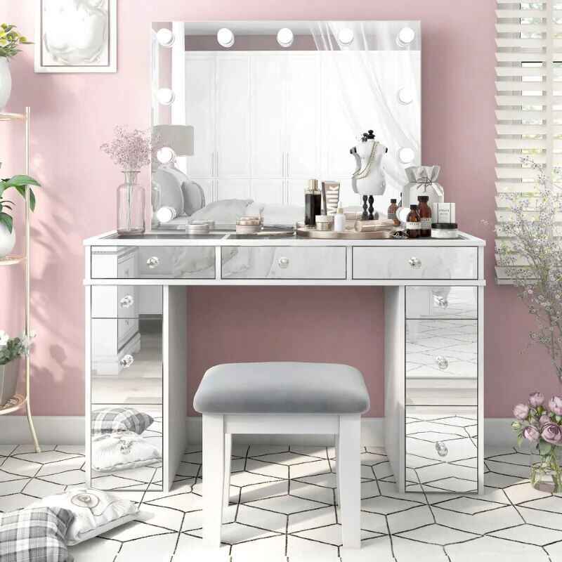 Chic Modern Makeup Vanity Table with LED Mirror and Chair Set