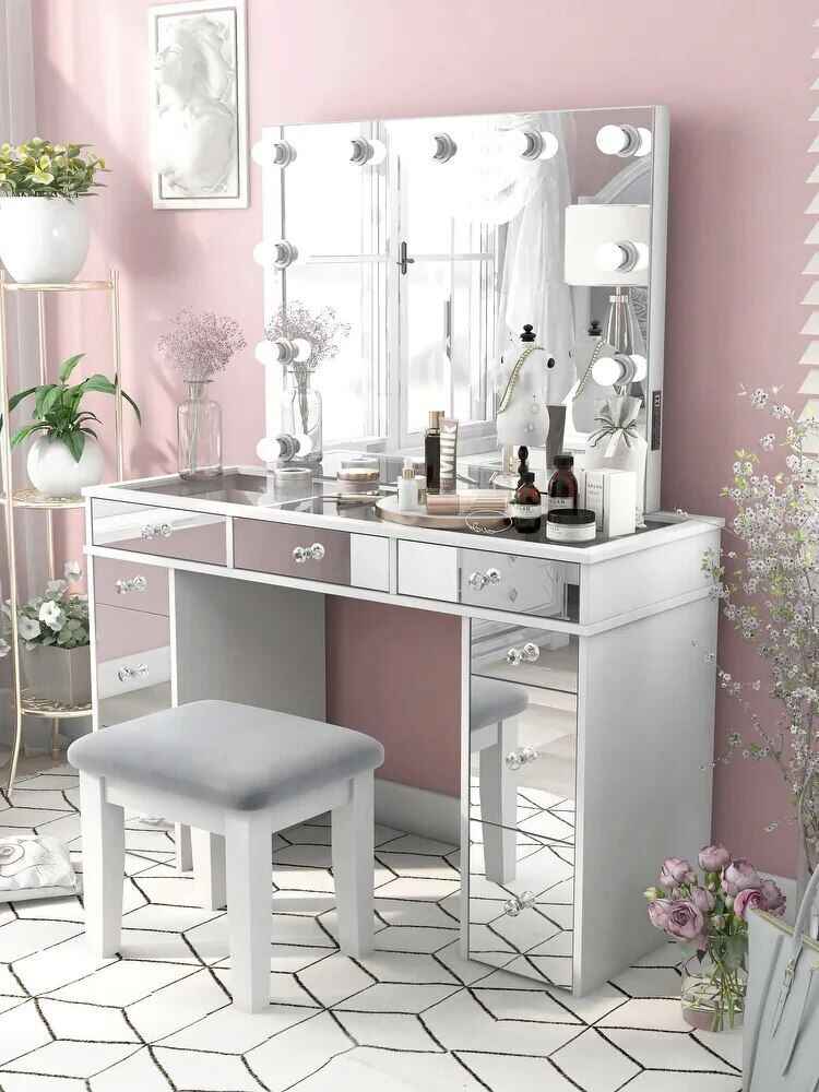 Chic Modern Makeup Vanity Table with LED Mirror and Chair Set