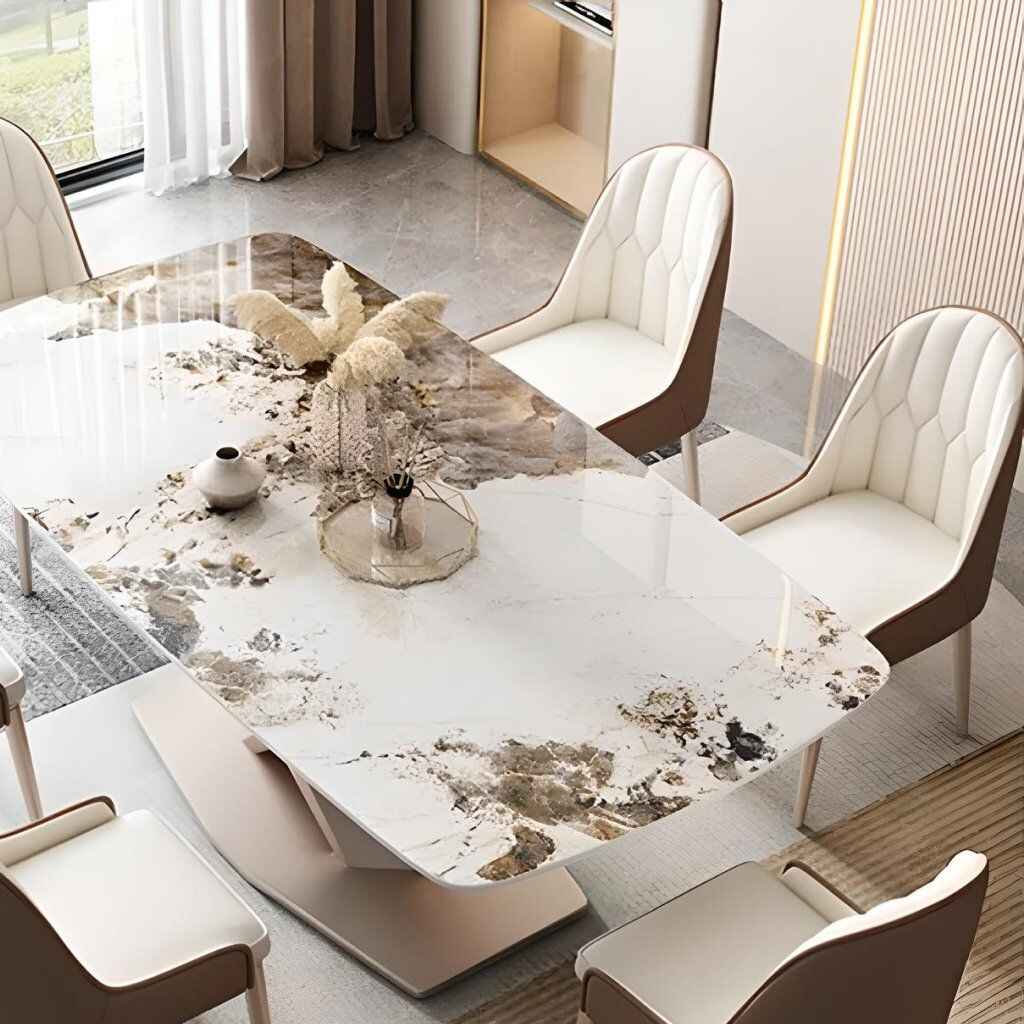 Luxurious Marble-Effect Oval Dining Table for 8 – Modern Chinese Style