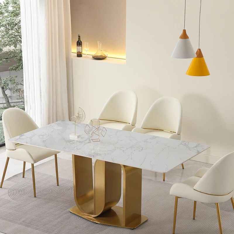 Gold-Finished Contemporary 71″ Dining Table with Sintered Stone Top